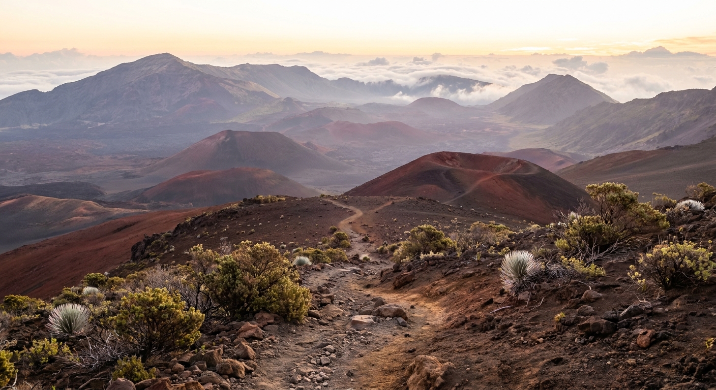 A real photograph of the Pa Ka‘oao (White Hill) Trail near the Haleakalā summit in the morning, with a narrow path leading toward expansive crater views under soft early light