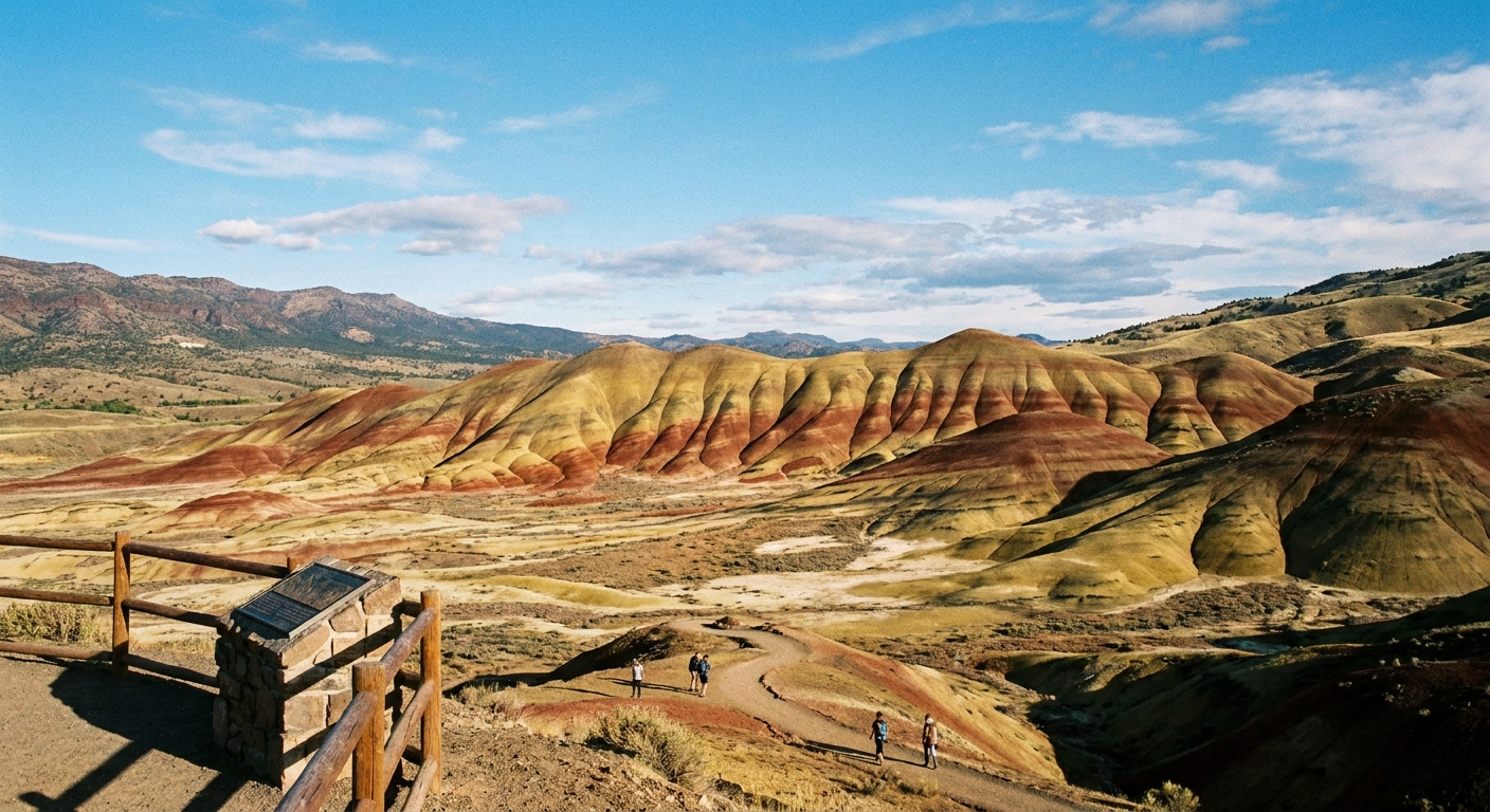 A real photograph of the Painted Hills at John Day Fossil Beds National Monument in Oregon, viewed from an overlook with striped red, gold, and black clay hills under a wide blue sky