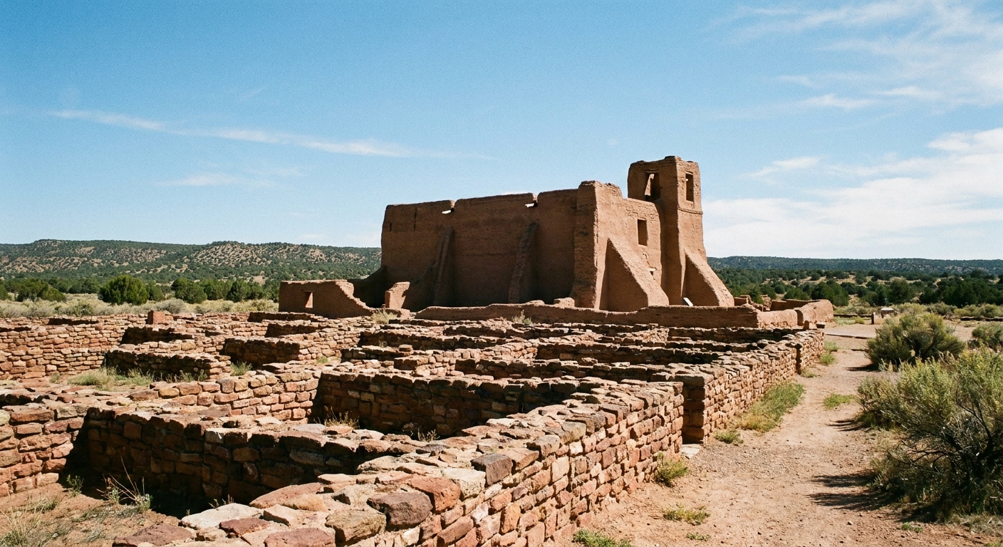 A real photograph of the Pecos Pueblo archaeological site with low stone walls and the remains of a Spanish mission church under a wide blue New Mexico sky, with distant hills in the background
