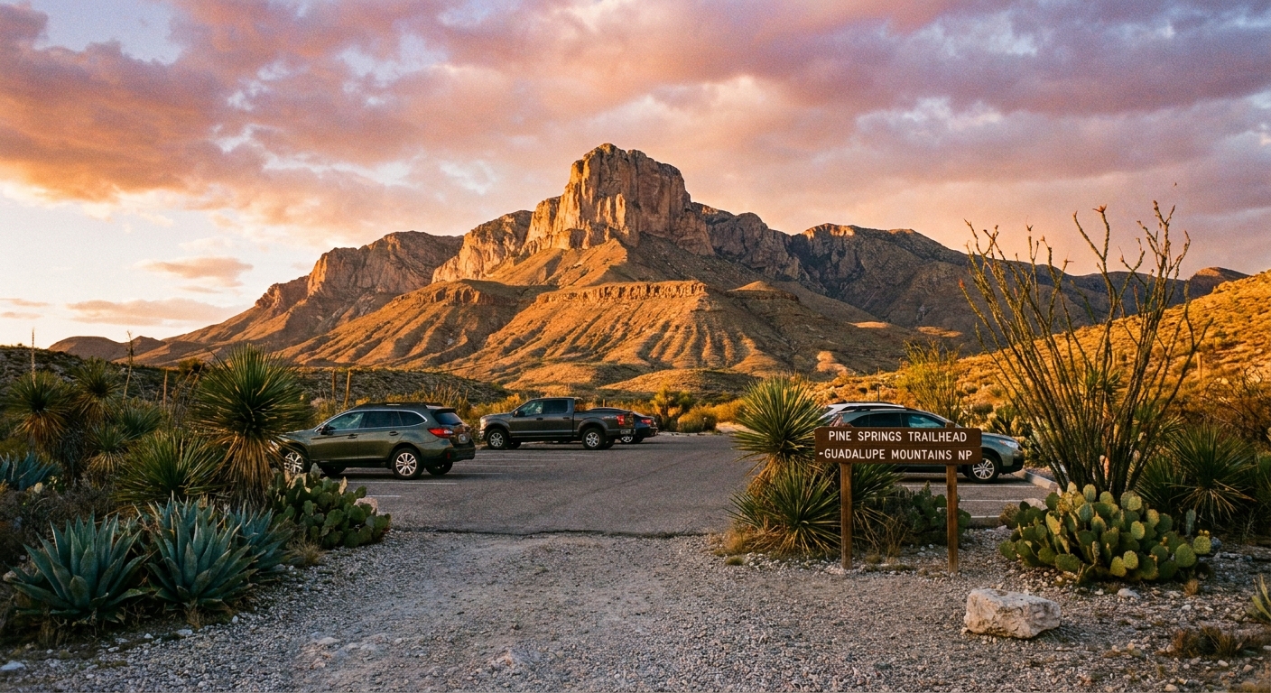 A real photograph of the Pine Springs area in Guadalupe Mountains National Park with desert vegetation, a parking area, and rugged mountains rising behind in late afternoon light