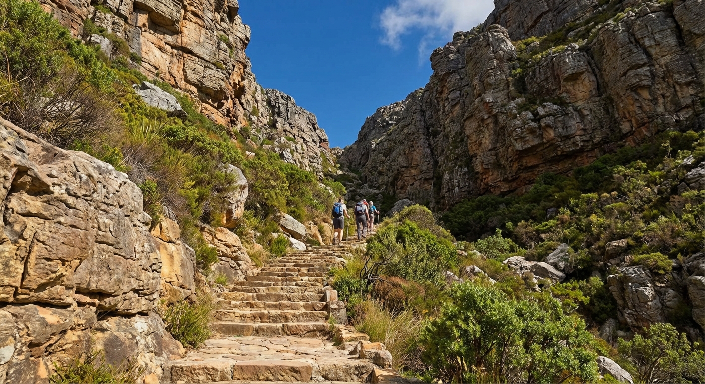 A real photograph of the Platteklip Gorge trail on Table Mountain, showing steep rocky steps between rugged cliffs under a blue sky, with a few hikers ascending in the mid-distance