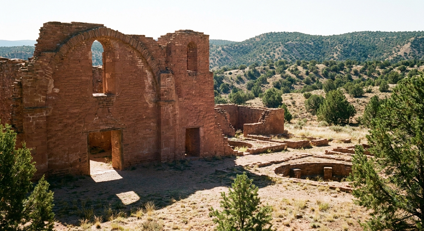 A real photograph of the Quarai mission church ruins in New Mexico with tall stone walls, arched openings, and juniper-dotted foothills in the background under clear desert light