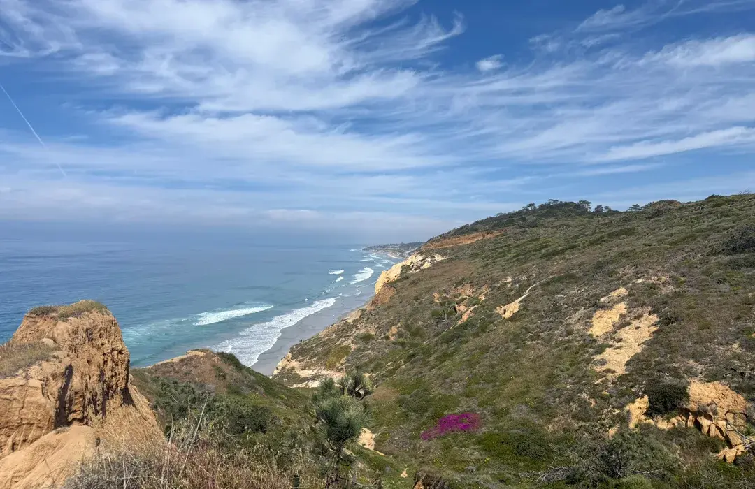 A real photograph of the Razor Point overlook at Torrey Pines with rugged sandstone cliffs dropping to the ocean and hikers standing at the viewpoint rail under a clear blue sky