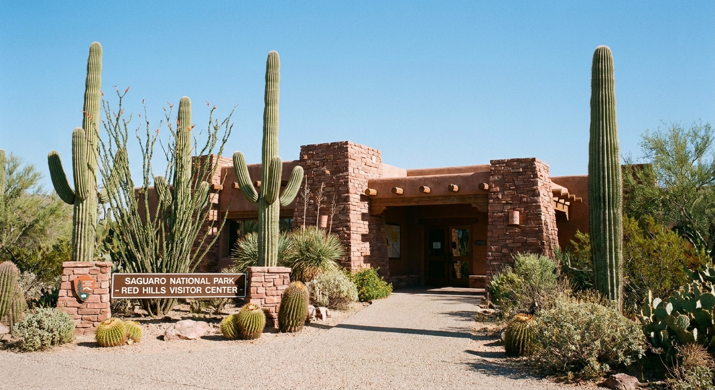 A real photograph of the Red Hills Visitor Center exterior in Saguaro National Park with saguaro cacti and desert landscaping under clear daylight