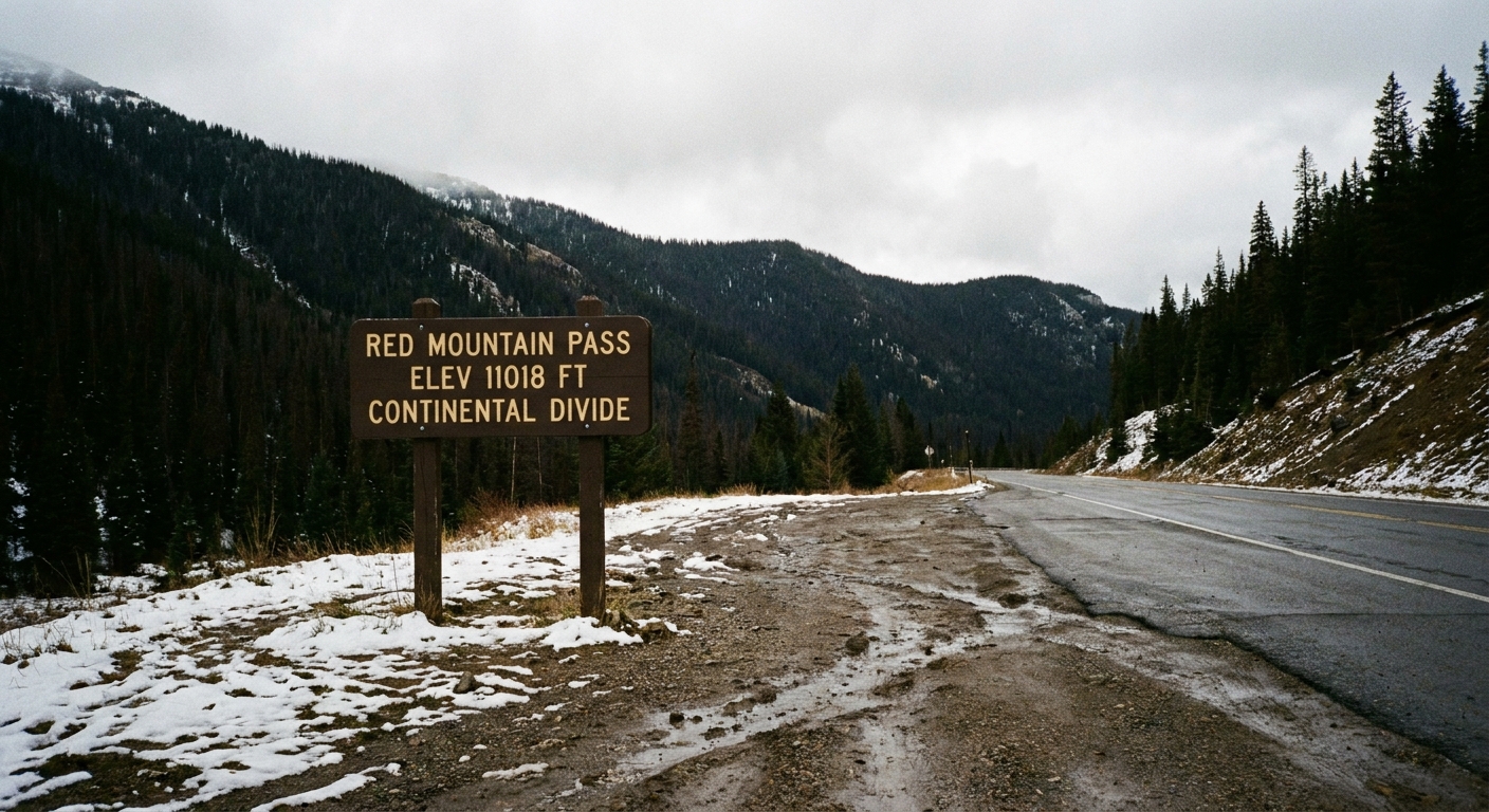 A real photograph of the Red Mountain Pass roadside sign with patchy snow on the shoulder and dark mountain slopes behind