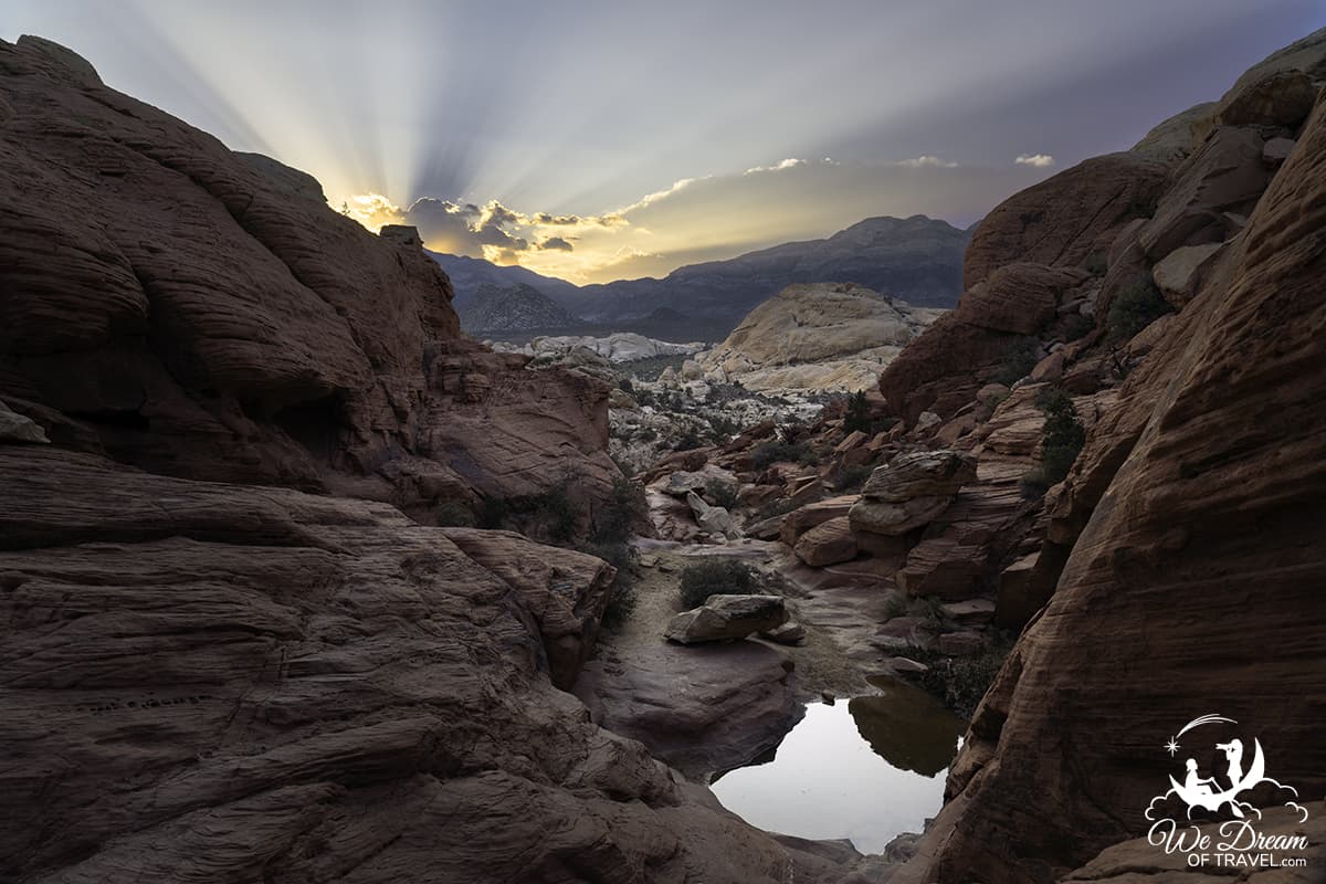 A real photograph of the Red Rock Canyon Scenic Drive at sunrise near Las Vegas, with layered red sandstone cliffs glowing in warm light and a winding road in the foreground