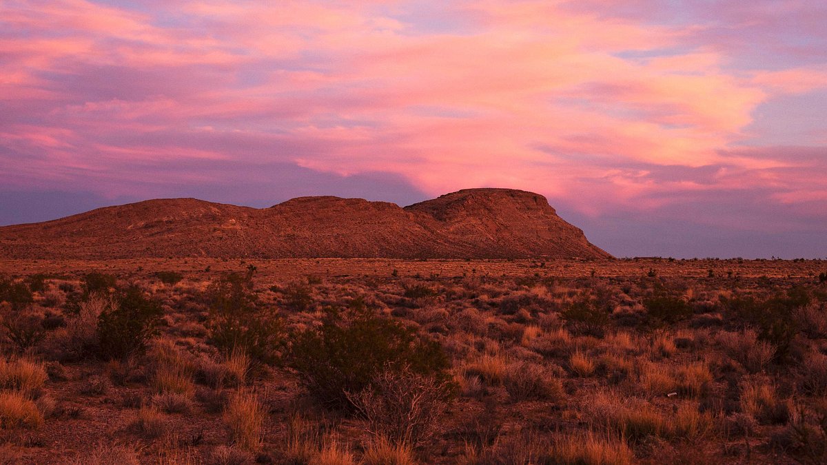 A real photograph of the Red Rock Canyon Scenic Drive in Nevada at sunset, with red sandstone cliffs glowing and a two-lane road curving through desert scrub