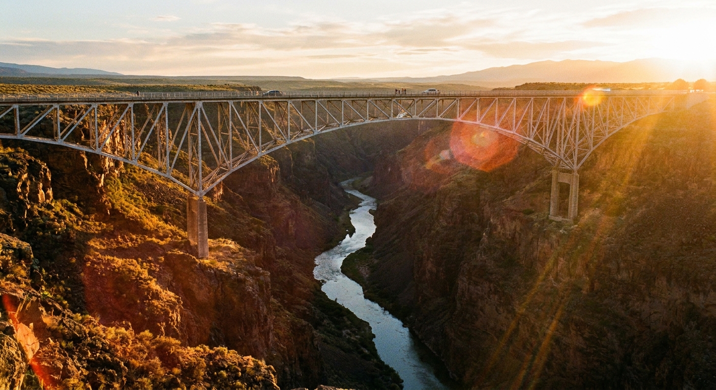 A real photograph of the Rio Grande Gorge Bridge near Taos, New Mexico, stretching across a deep canyon at sunset with warm light on the rim and the Rio Grande far below
