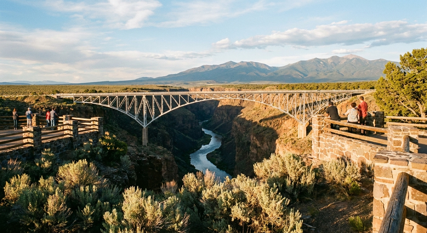A real photograph of the Rio Grande Gorge Bridge seen from a public overlook near Taos in afternoon light with the canyon stretching beneath
