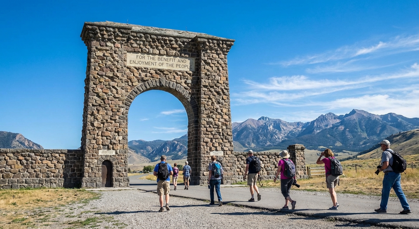 A real photograph of the Roosevelt Arch in Gardiner, Montana with a few people walking near the stone arch, blue sky, and mountains behind it, travel photography