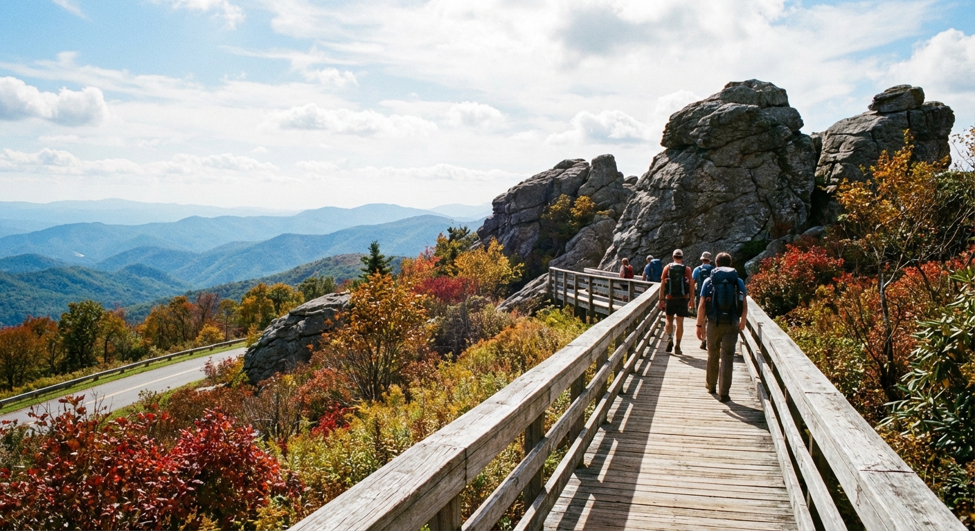 A real photograph of the Rough Ridge Trail boardwalk near Grandfather Mountain, with hikers walking toward rocky outcrops and mountain views under a bright sky