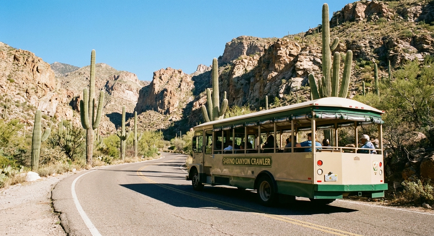 A real photograph of the Sabino Canyon shuttle tram driving along the paved canyon road with saguaros and rocky canyon walls in the background under bright Arizona sunlight