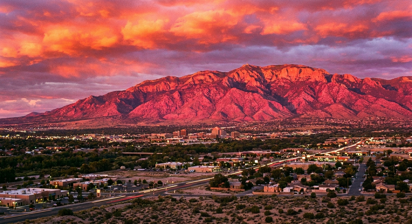 A real photograph of the Sandia Mountains seen from Albuquerque at sunset, with the peaks glowing pink and the city lights beginning to appear below