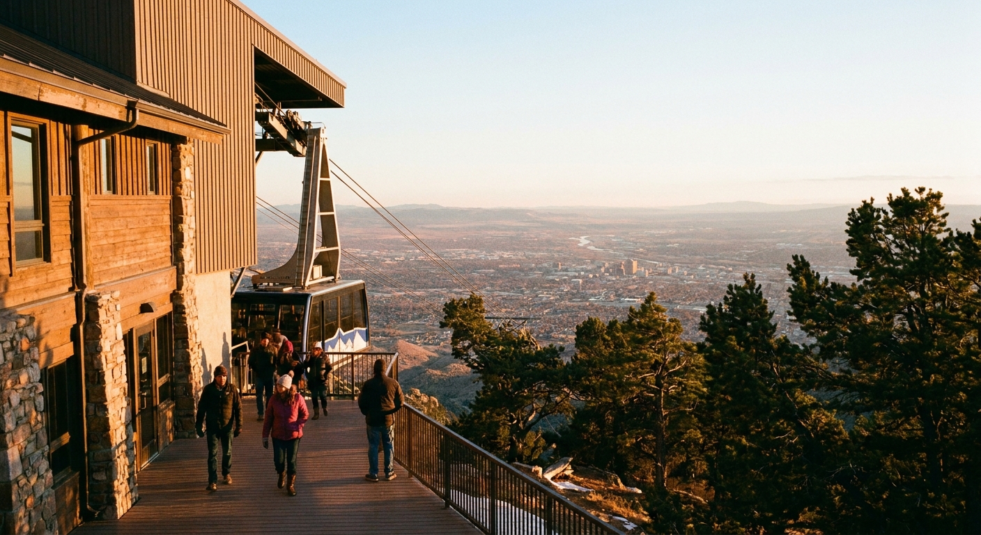 A real photograph of the Sandia Peak Tramway upper station on the crest with visitors stepping outside into pine trees and sweeping views over Albuquerque, late afternoon light
