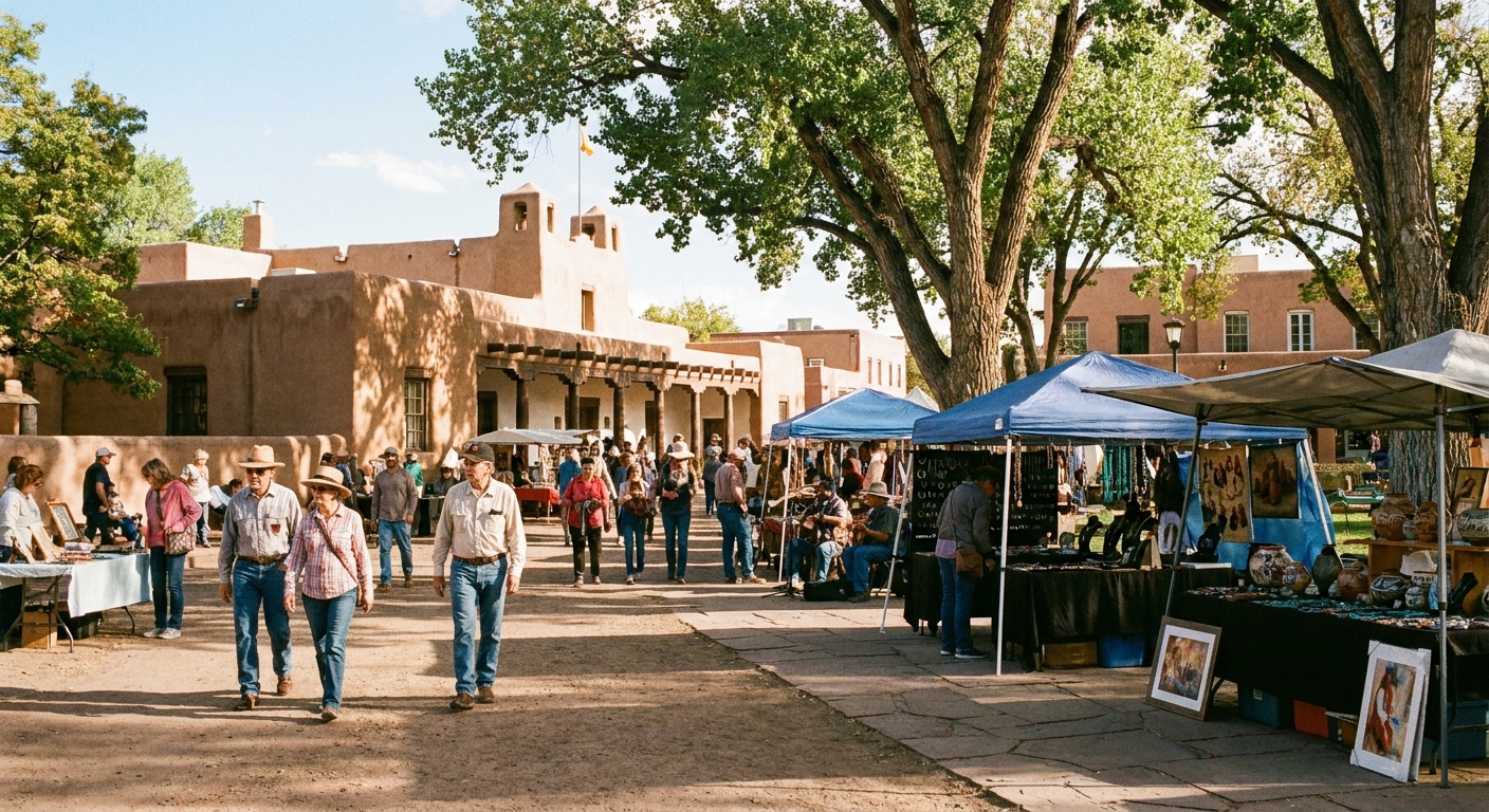 A real photograph of the Santa Fe Plaza on a sunny afternoon with adobe buildings, cottonwood shade, and pedestrians strolling past street vendors