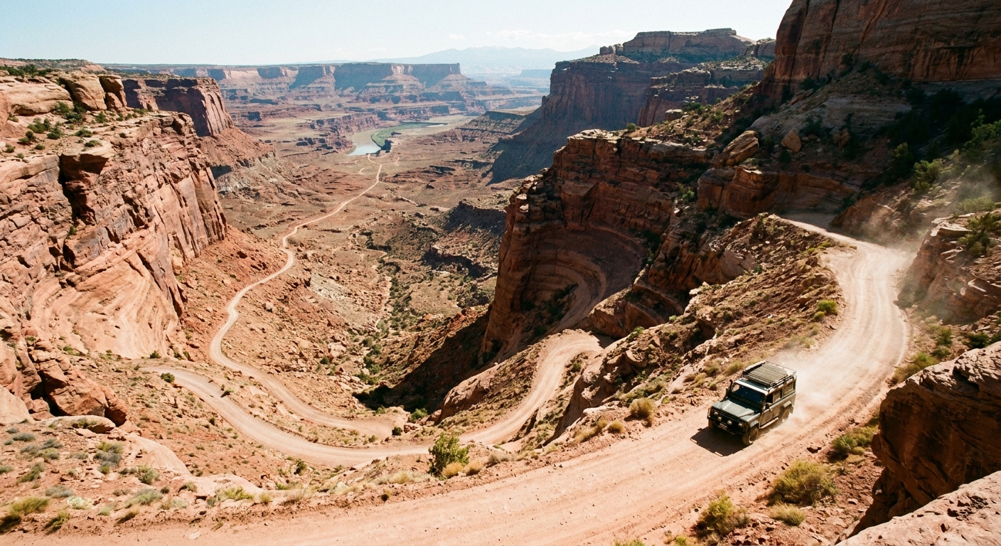 A real photograph of the Shafer Trail switchbacks dropping from Island in the Sky toward White Rim Road in Canyonlands, with red rock cliffs and a dusty 4x4 track in bright daylight