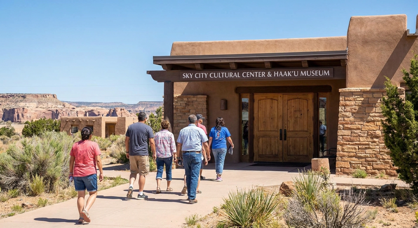 A real photograph of the Sky City Cultural Center and Haak’u Museum entrance at Acoma Pueblo, with visitors walking toward the doors under clear desert light