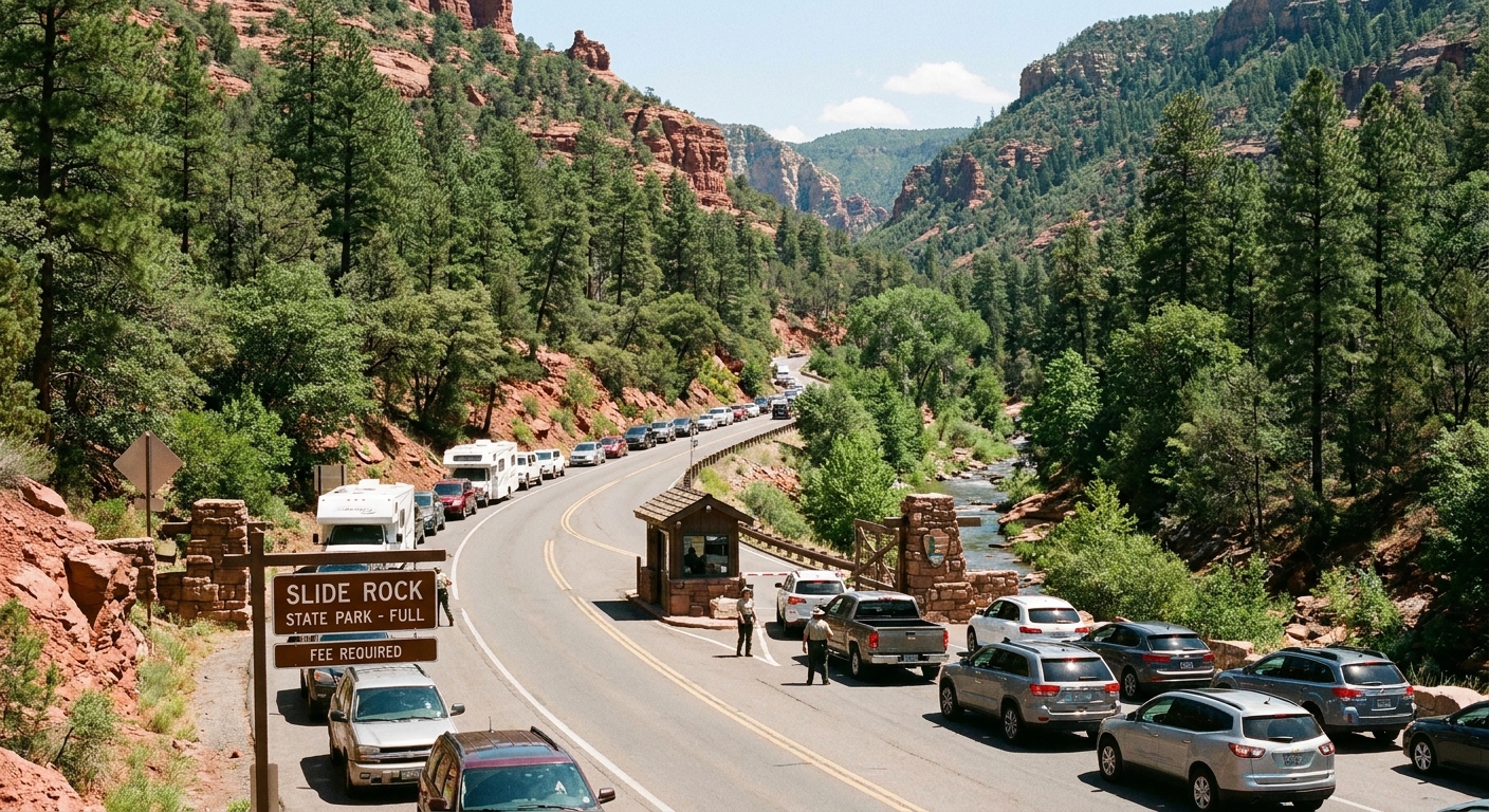 A real photograph of the Slide Rock State Park entrance area along State Route 89A in Oak Creek Canyon with cars queued near the gate and forested canyon slopes
