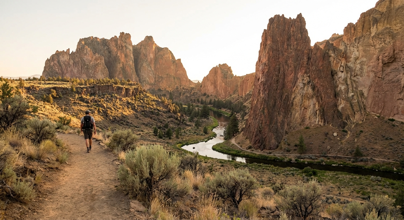 A real photograph of the Smith Rock canyon with a winding river below, tall reddish rock spires, and a hiker on a dusty trail in the foreground, late afternoon light, realistic outdoor photography