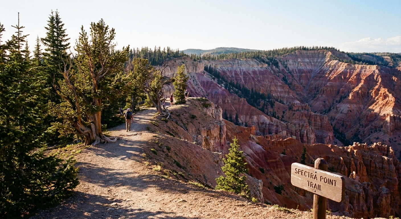 A real photograph of the Spectra Point trail at Cedar Breaks, showing a dirt path along the rim edged with pine trees and glimpses of the colorful canyon beyond