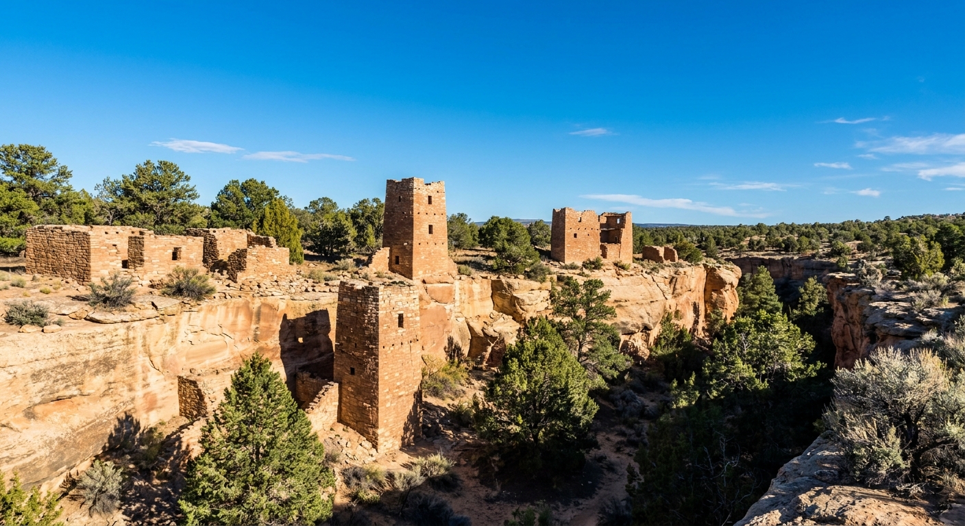 A real photograph of the Square Tower Group at Hovenweep National Monument, with stacked stone towers and room blocks above a shallow canyon dotted with pinyon and juniper under a bright blue sky