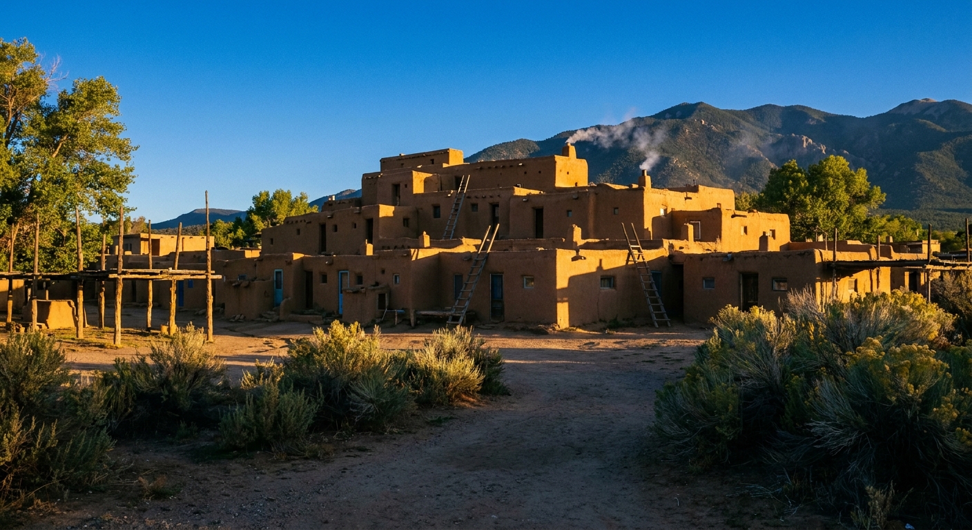 A real photograph of the Taos Pueblo adobe buildings in warm morning light with a clear blue New Mexico sky and a quiet foreground walkway