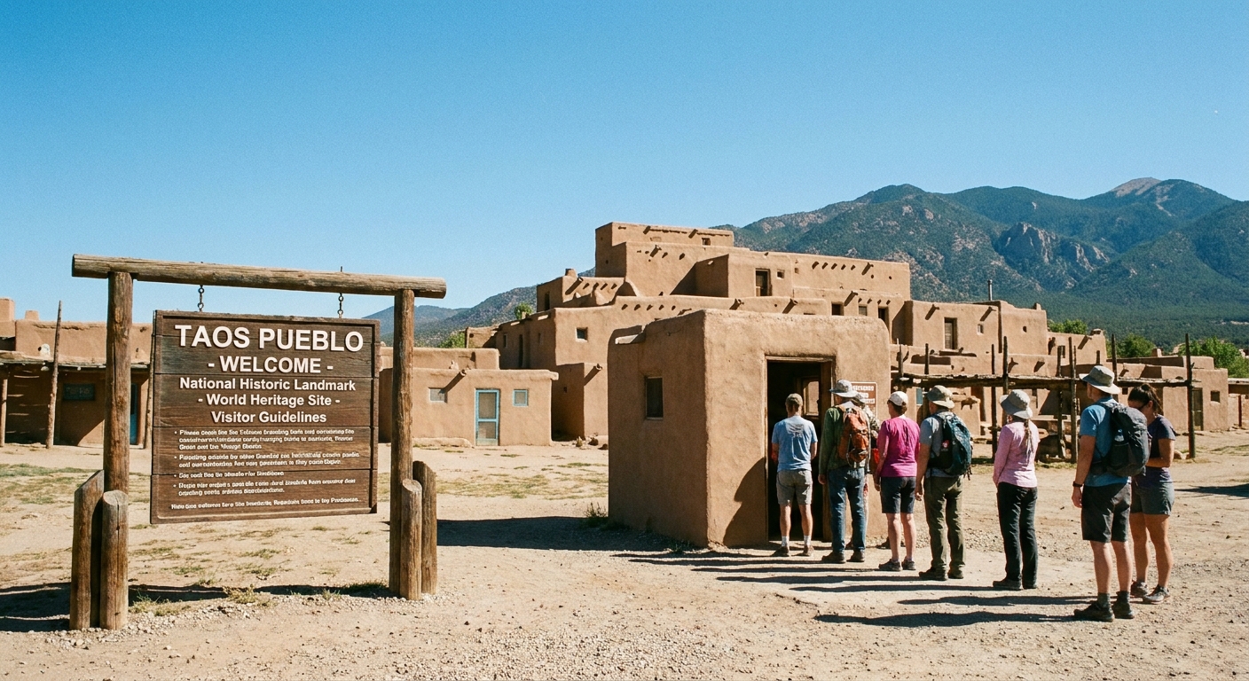 A real photograph of the Taos Pueblo visitor entrance area with an informational sign and a small line of visitors on a clear daytime sky