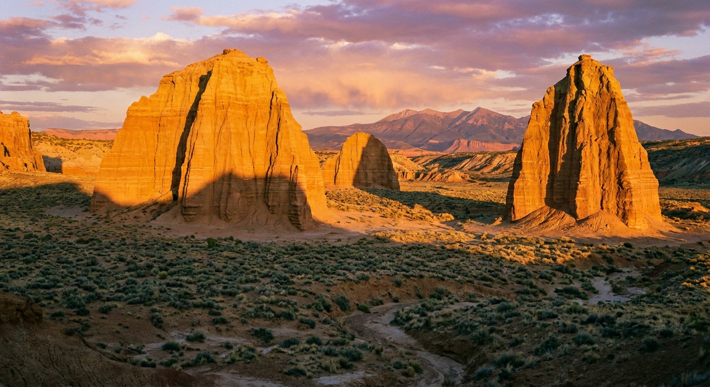 A real photograph of the Temples of the Sun and Moon rock formations in Cathedral Valley, Capitol Reef National Park, lit by warm golden-hour light with long shadows across the desert floor