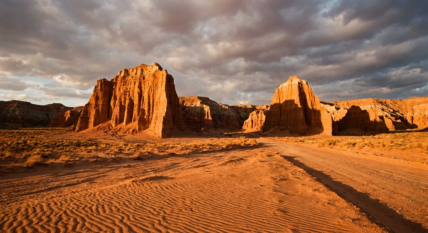 A real photograph of the Temples of the Sun formation in Cathedral Valley during late afternoon, with dramatic side lighting and long shadows across the sandy desert foreground