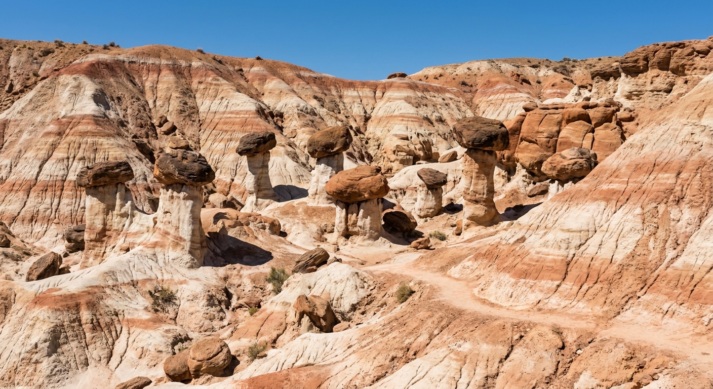 A real photograph of the Toadstool Hoodoos sandstone formations near Kanab, with mushroom-shaped rock pillars rising from pale, striped badlands under a clear blue sky