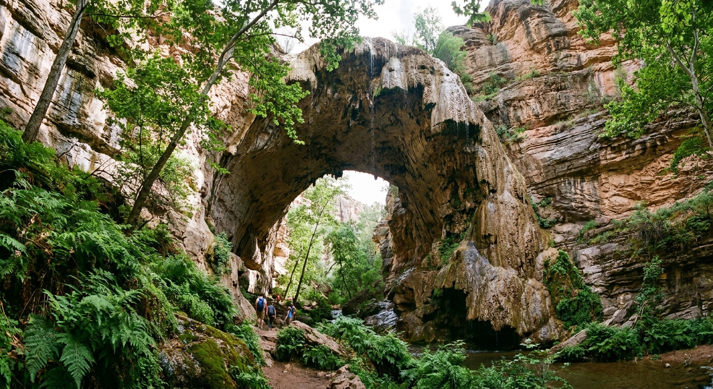 A real photograph of the Tonto Natural Bridge travertine arch spanning a creek with lush greenery and layered rock walls in Arizona