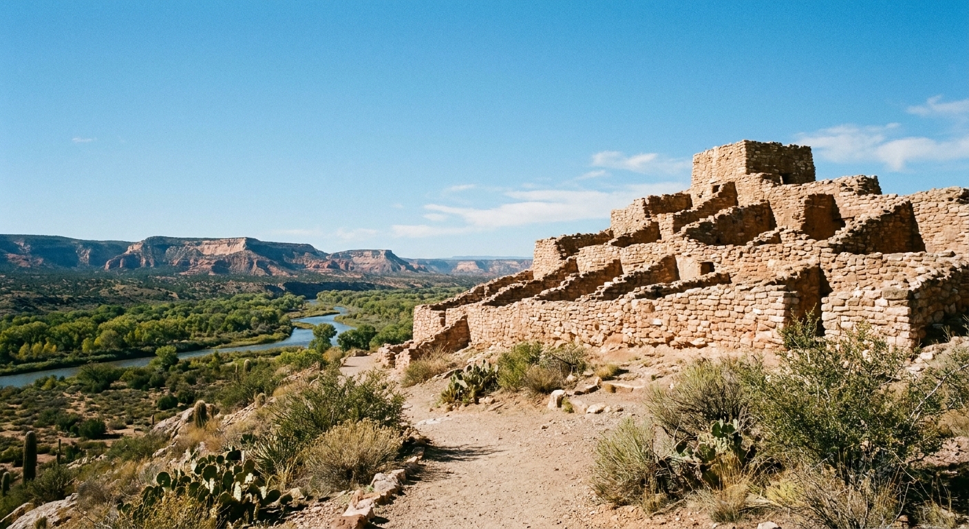 A real photograph of the Tuzigoot hilltop pueblo stone walls with the Verde Valley and distant mesas in the background under a clear Arizona sky