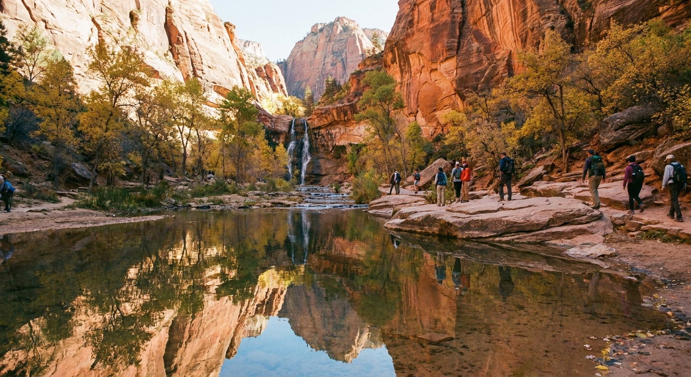 A real photograph of the Upper Emerald Pool area with a shallow pool reflecting sandstone cliffs, hikers standing on rock slabs, and cottonwoods along the waterline in Zion