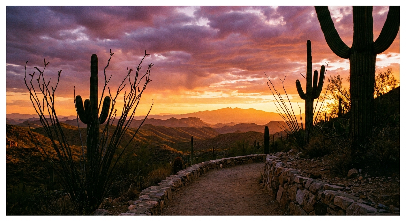 A real photograph of the Valley View Overlook in Saguaro National Park West at sunset, with layered desert hills, glowing sky, and saguaro silhouettes in the foreground