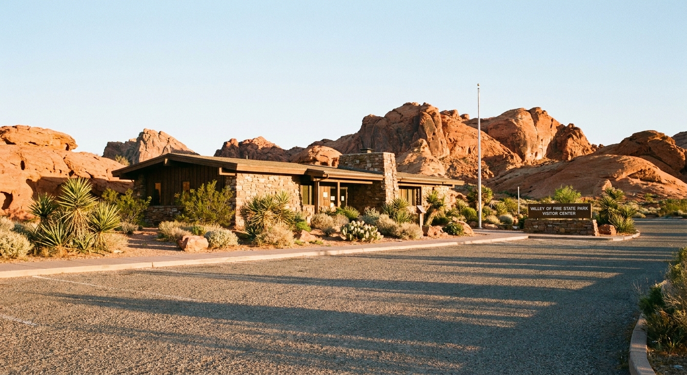 A real photograph of the Valley of Fire Visitor Center exterior in Nevada during morning light, desert landscaping and red rock in the background