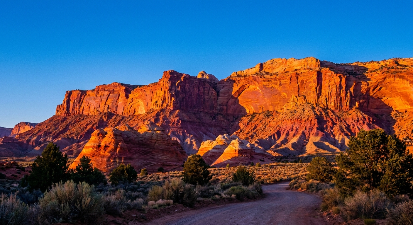 A real photograph of the Vermilion Cliffs in northern Arizona glowing orange and red in late afternoon light under a clear blue sky