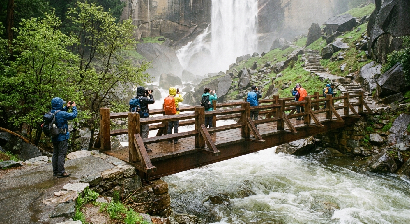 A real photograph of the Vernal Fall Footbridge spanning the Merced River with hikers stopping to take photos in Yosemite National Park