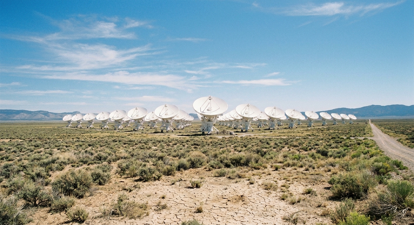 A real photograph of the Very Large Array radio telescopes spread across the high desert in New Mexico under a wide blue sky