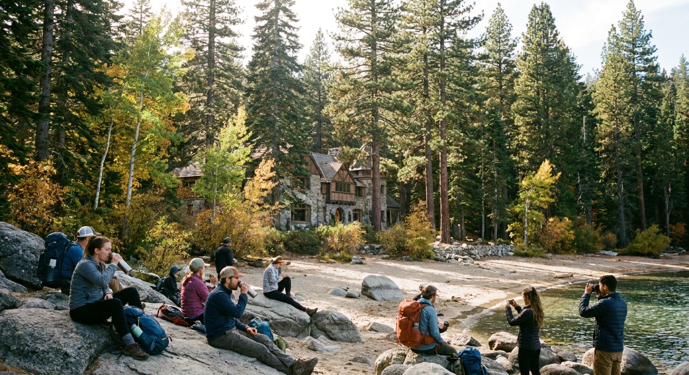 A real photograph of the Vikingsholm shoreline area at Emerald Bay with hikers resting near the water and the historic stone-and-wood castle visible among tall pine trees