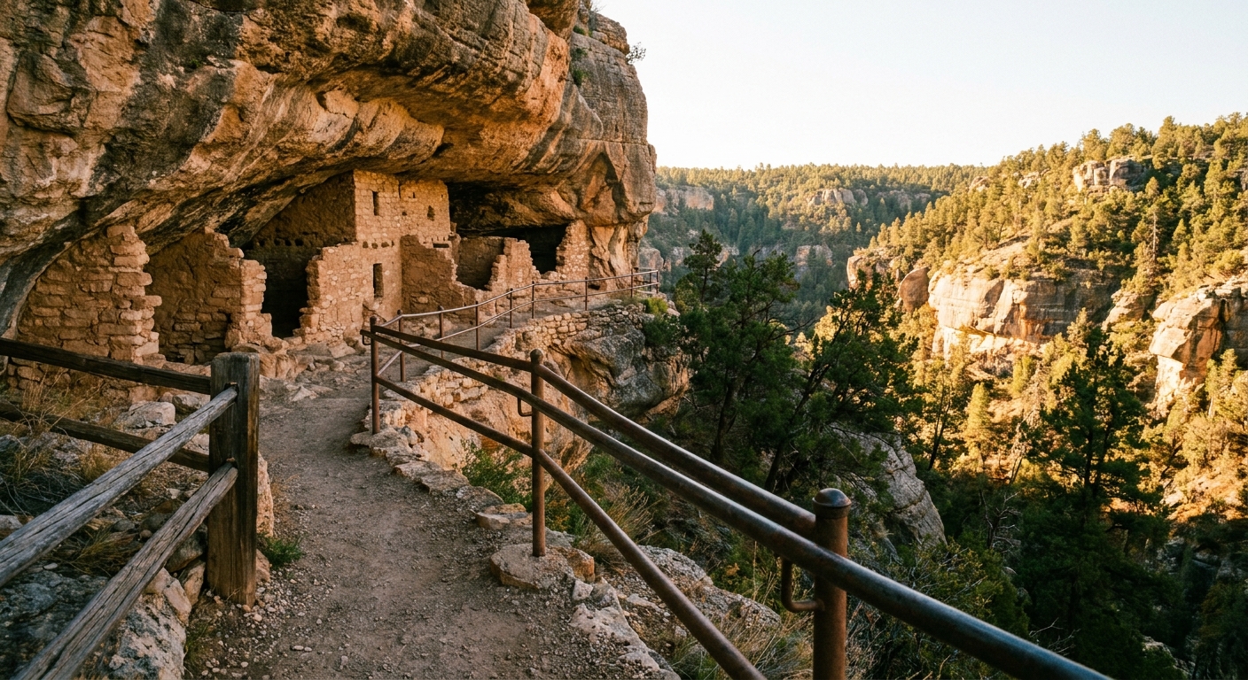 A real photograph of the Walnut Canyon Island Trail with stone-and-mortar cliff dwellings tucked into a limestone alcove, a narrow dirt path and metal handrails in the foreground, warm morning light, no people