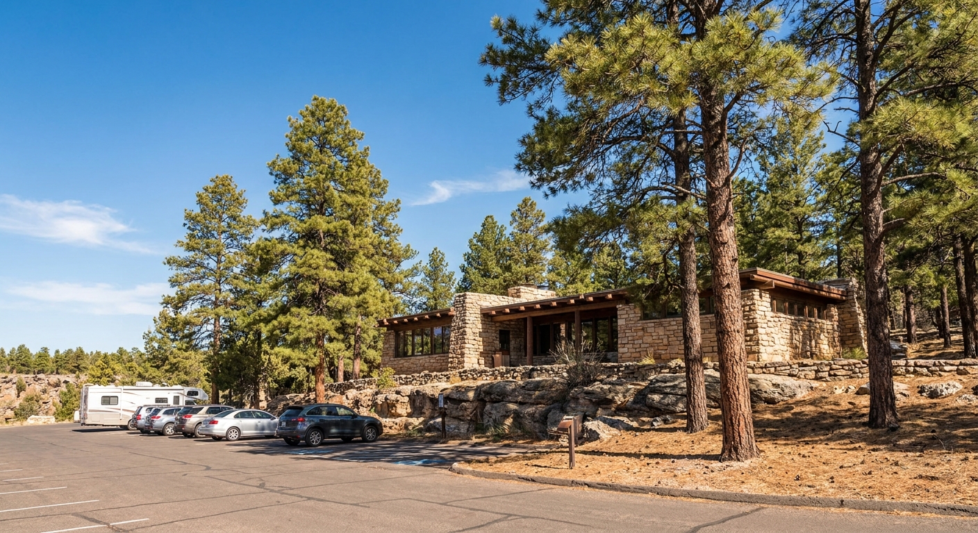 A real photograph of the Walnut Canyon National Monument visitor center building surrounded by ponderosa pines under clear daylight, cars parked nearby, no readable signs
