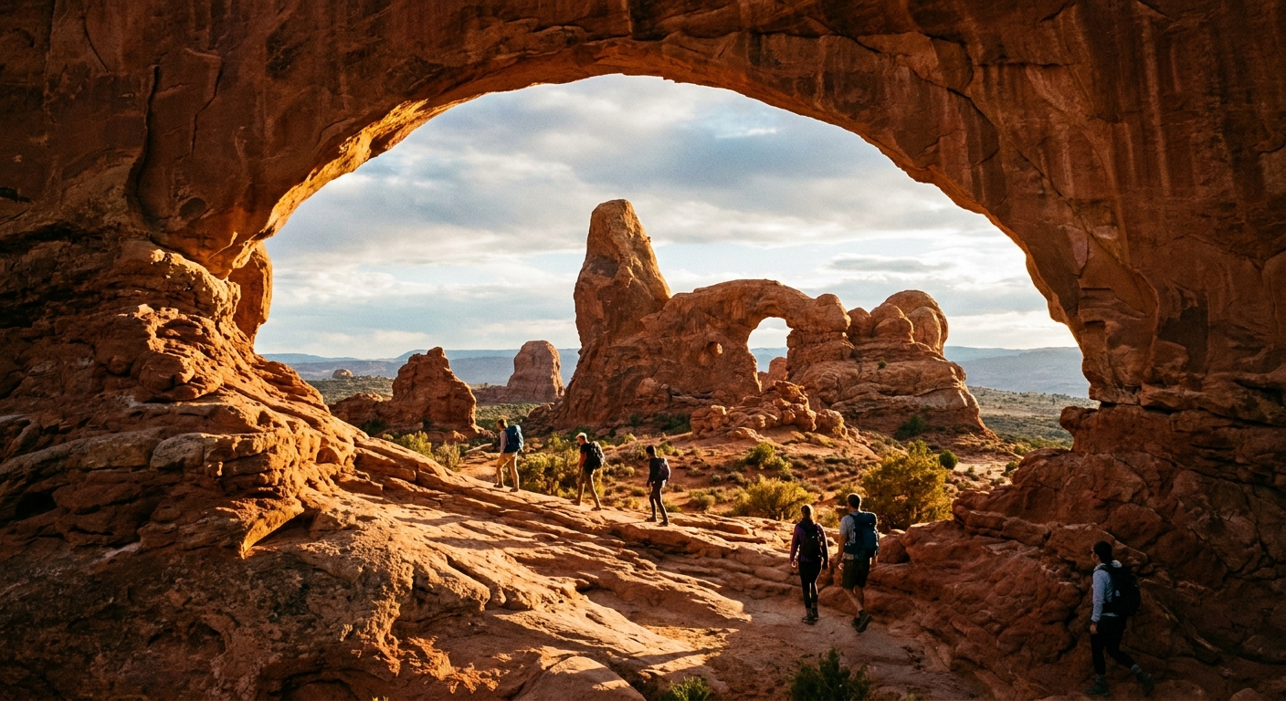 A real photograph of the Windows Section in Arches National Park showing Turret Arch framed by red sandstone with a few hikers walking on a sandy trail in late afternoon light
