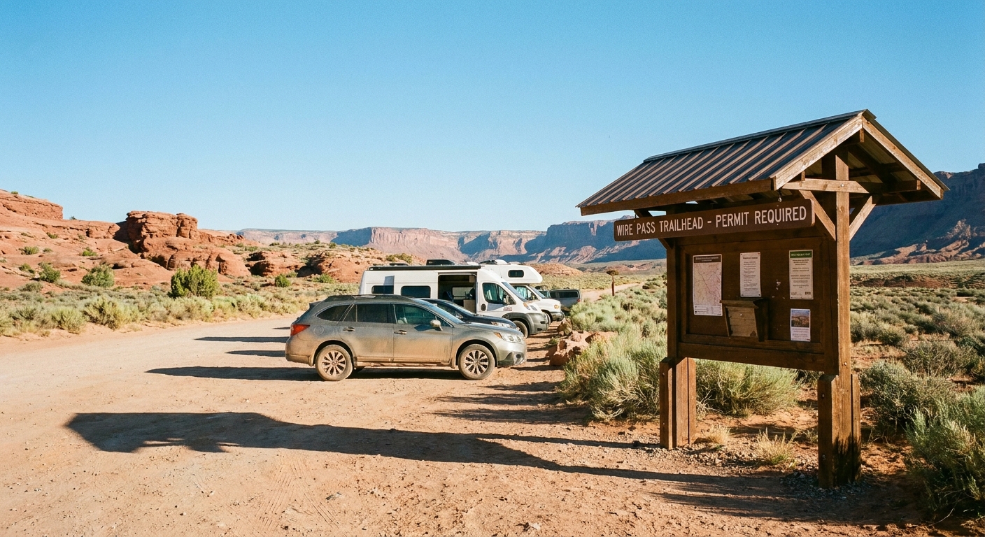 A real photograph of the Wire Pass trailhead area on House Rock Valley Road in southern Utah, with a sandy parking pullout, trail register kiosk, and open desert landscape under clear daylight