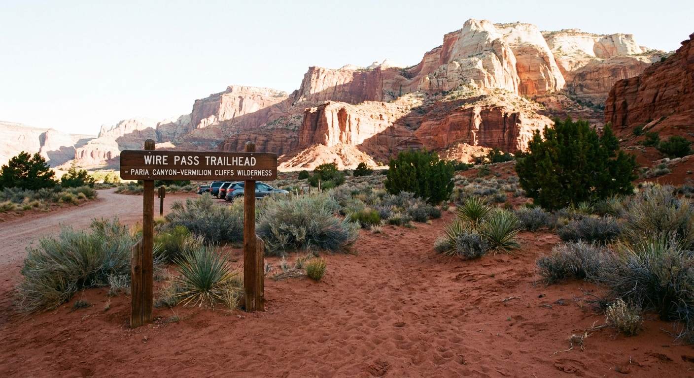 A real photograph of the Wire Pass trailhead area in southern Utah with a trailhead sign, sandy ground, and low desert shrubs under bright morning light