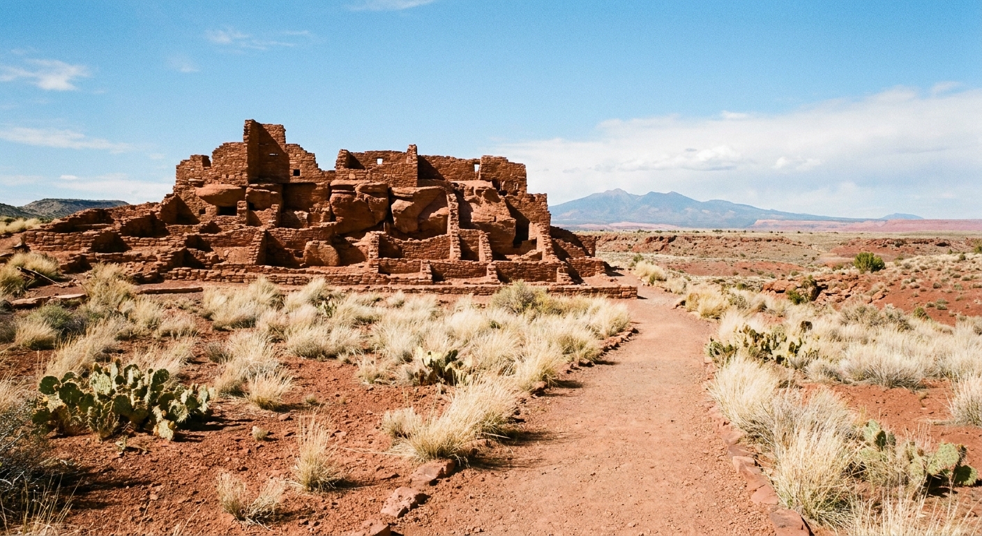 A real photograph of the Wukoki Pueblo stone structure sitting on a low hill amid red desert soil and pale grass under bright sunlight