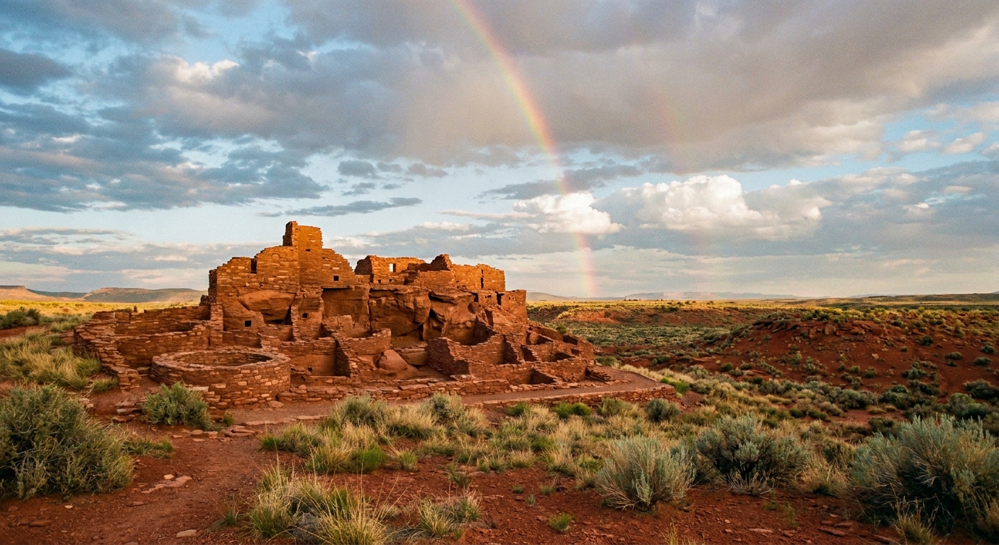 A real photograph of the Wupatki Pueblo stone ruins with red desert ground, low grasses, and a wide open sky in northern Arizona