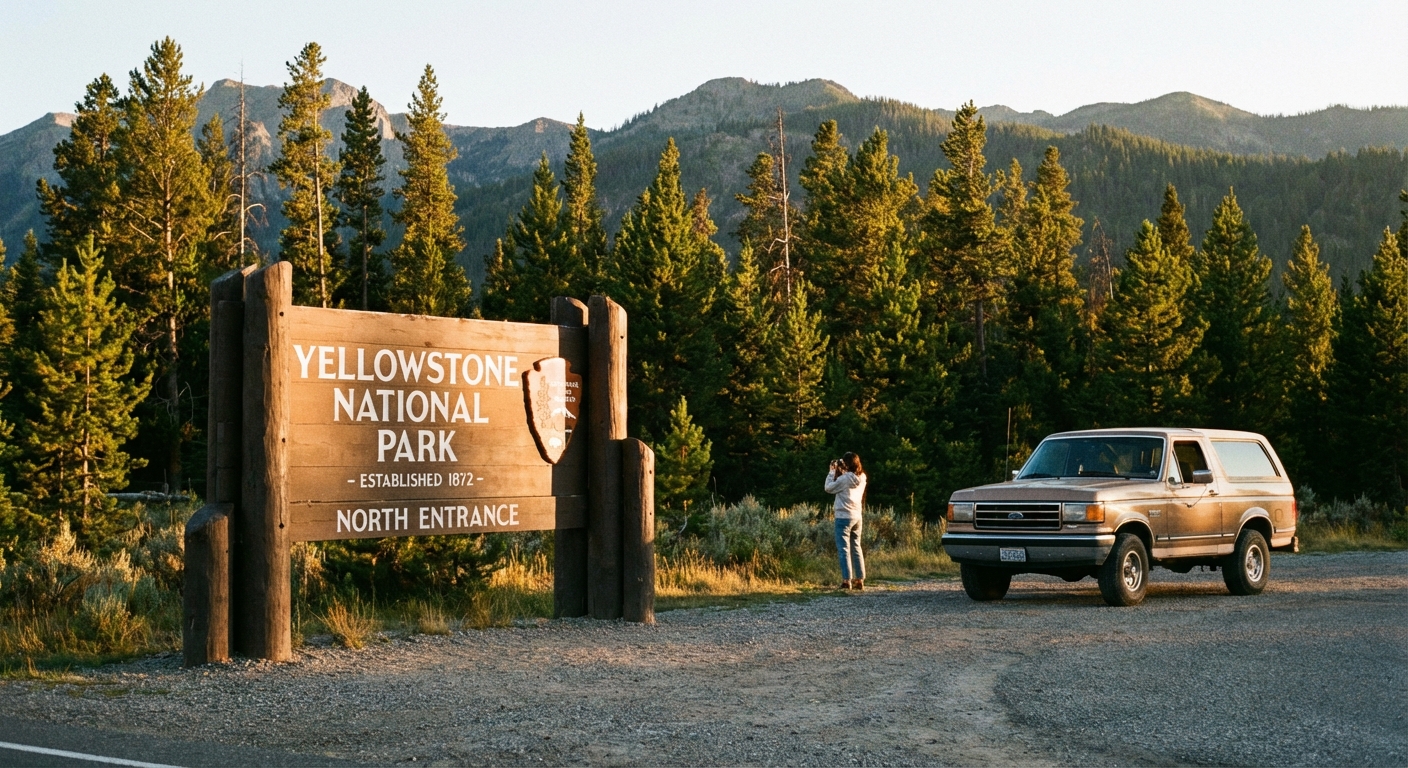 A real photograph of the Yellowstone National Park entrance sign at golden hour with pine trees behind it, a car pulled off to the side, and warm light on the wooden sign, travel photography