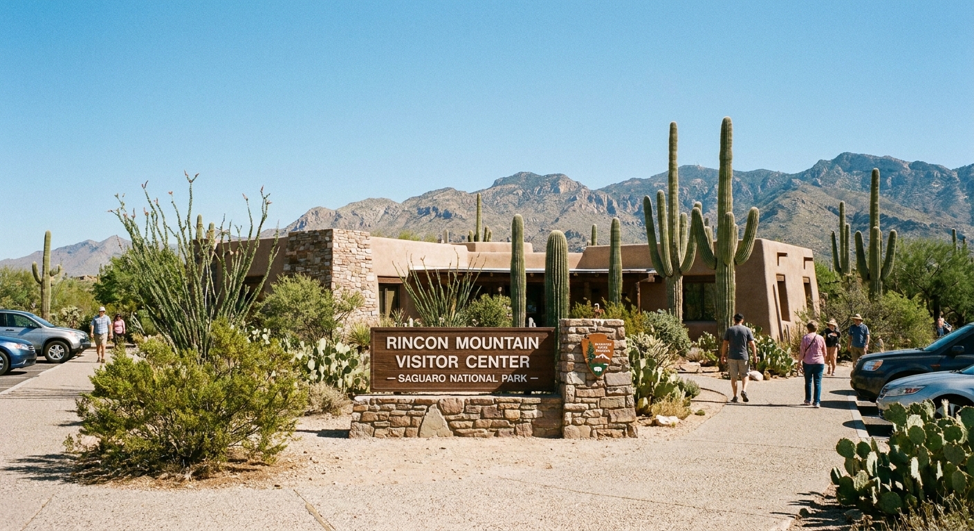 A real photograph of the exterior of a visitor center building in Saguaro National Park's Rincon Mountain District with desert landscaping and saguaros nearby on a bright day