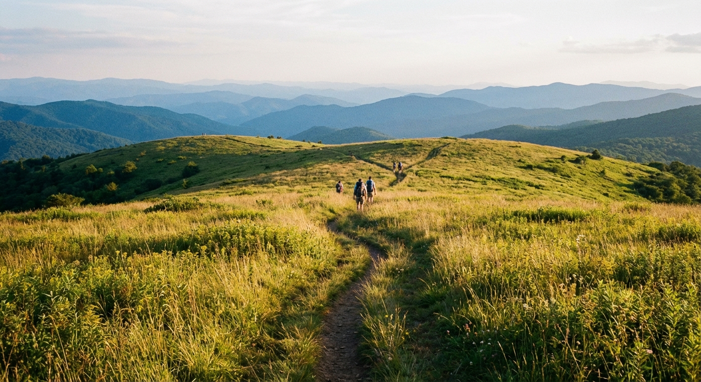 A real photograph of the grassy bald at Black Balsam Knob with a narrow trail leading across rolling hills, hikers in the distance, and layered mountain views under soft afternoon light