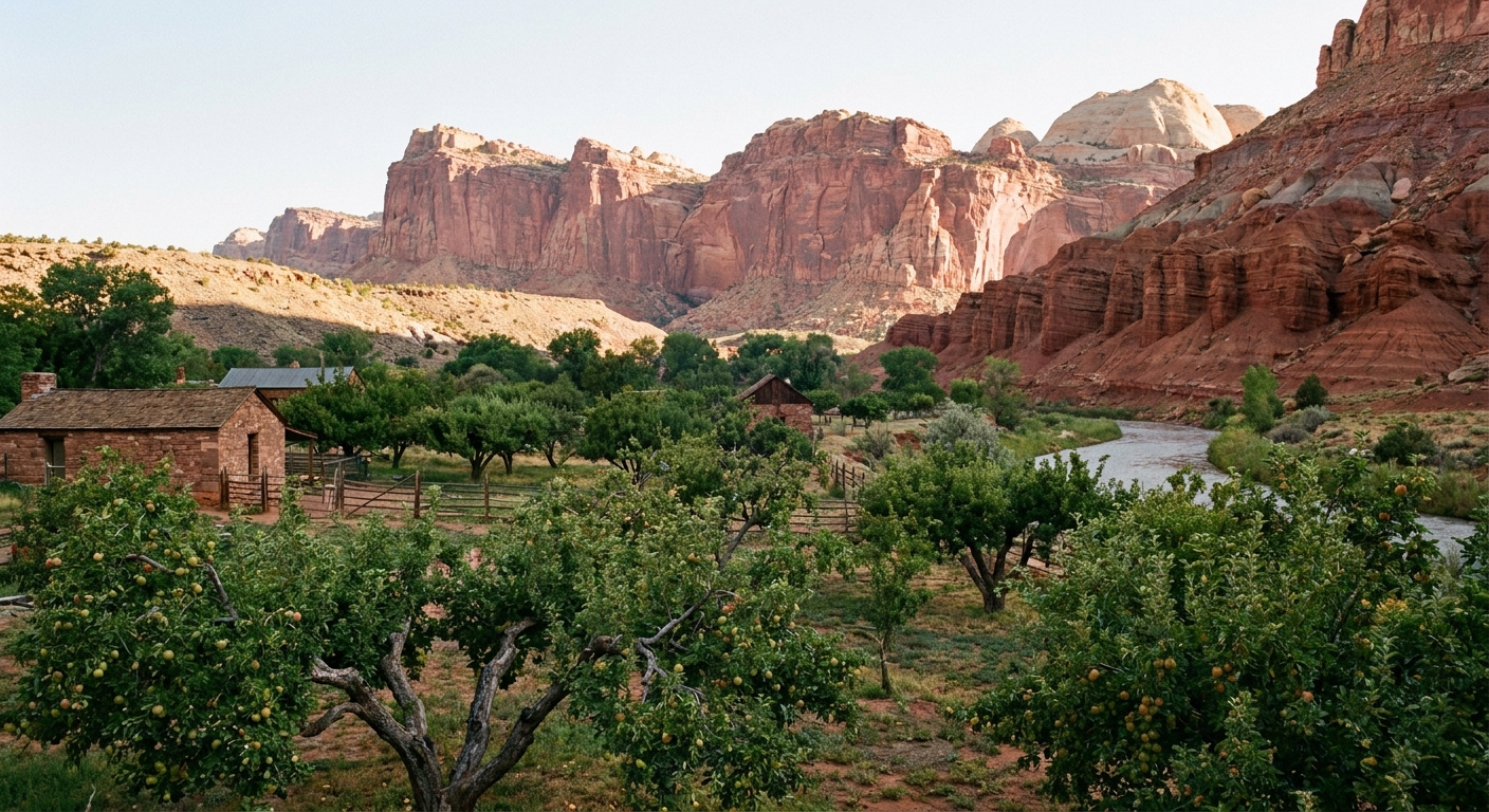 A real photograph of the historic Fruita orchards in Capitol Reef with green trees and towering red cliffs in soft morning light